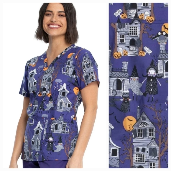 Cherokee Haunted Halloween Scrubs V Neck Top Size M - Picture 1 of 16